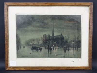 tableau représentant des personnes marchant sous la pluie devant une église