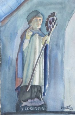 une peinture représentant une statue de femme tenant un bâton