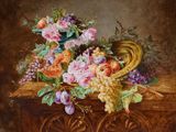 peinture d'une nature morte de fruits et de fleurs sur une table