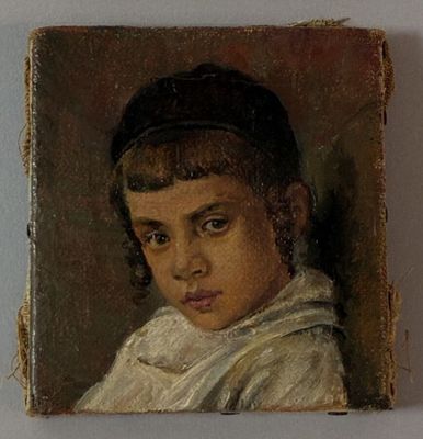 tableau représentant une jeune fille vêtue d'une chemise blanche et d'un chapeau noir