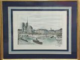 drawing of a boat on a river with a bridge in the background