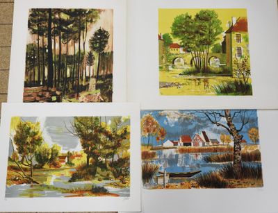 four paintings of different landscapes are displayed on a tile floor