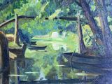 a painting of boats on the water in the woods