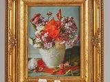 une peinture de fleurs dans un vase sur une table