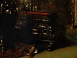 a painting of a dresser and a mirror in a room