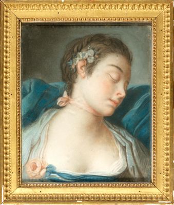tableau représentant une femme en robe bleue avec une fleur dans les cheveux