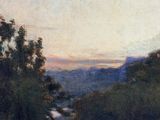 painting of a landscape with trees and mountains in the distance