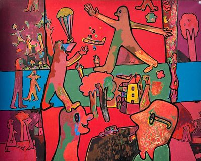 a painting of a group of people on a red background