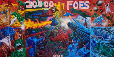 un tableau représentant tout un tas de choses différentes accroché au mur