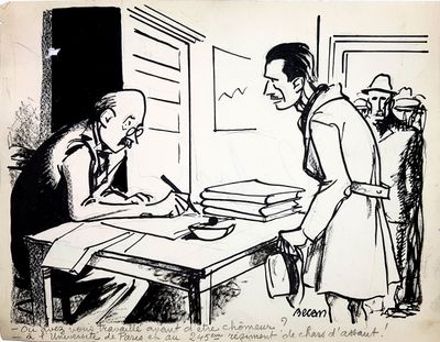 cartoon drawing of a man writing on a piece of paper while another man looks on