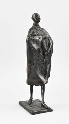 statue of a woman in a coat and hat on a marble base
