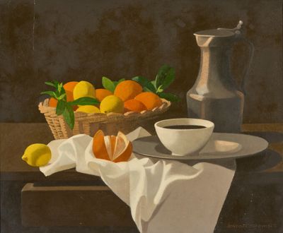 un tableau représentant un bol d'oranges à côté d'un bol de citrons