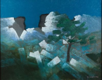 l'image d'un tableau représentant un arbre au milieu d'un champ