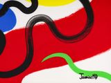 an image of a painting of a snake on a red, yellow, blue, and green background
