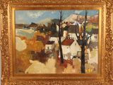 an oil painting of houses and trees in a golden frame