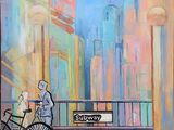 a painting of a man on a bike next to a woman
