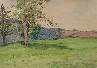 une image représentant un tableau d'un champ avec des arbres et des montagnes en arrière-plan