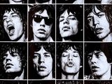 une photo en noir et blanc représentant un collage des visages des Rolling Stones