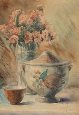 a painting of flowers in a vase and a bowl on a table