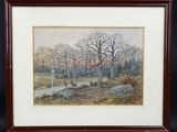 une peinture d'un paysage avec des arbres et une rivière au premier plan