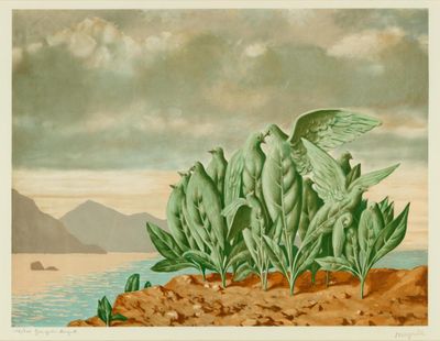 une image d'une peinture représentant un oiseau volant au-dessus d'une étendue d'eau