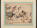 a painting of a group of people in a desert area