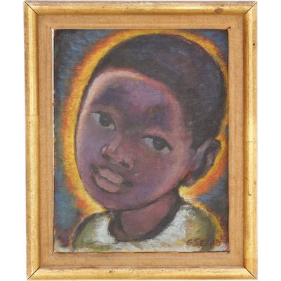 une peinture à l'huile représentant un jeune garçon avec une auréole au-dessus de la tête