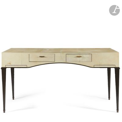 a white desk with two drawers and a black legs