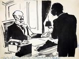 drawing of a man sitting at a desk talking to a man in a suit