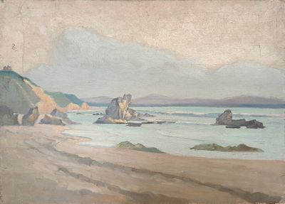an image of a painting of a beach with rocks in the water