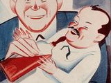painting of a man holding a baby in his lap with a picture of a smiling man in the background