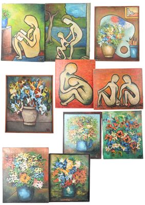 plusieurs tableaux représentant des personnes assises sur un banc, avec des fleurs dans un vase