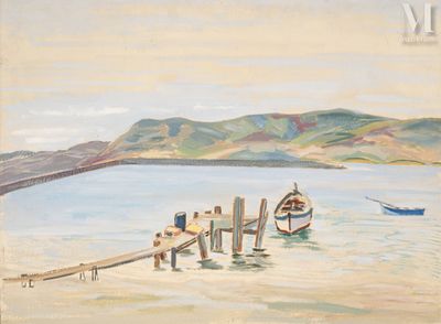 un tableau représentant un bateau amarré à un quai