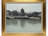 painting of a boat in a body of water with buildings in the background