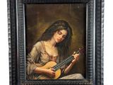 un tableau représentant une femme jouant de la guitare, dans un cadre noir