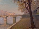 une peinture représentant un pont au-dessus d'une étendue d'eau