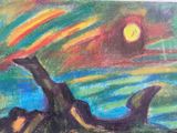 painting of a dead tree in a body of water with a sunset in the background