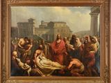 une peinture à l'huile représentant un groupe de personnes rassemblées autour d'un homme