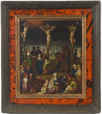 un tableau représentant un groupe de personnes assises autour d'un crucifix