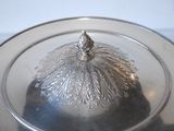 a silver plate with a silver lid on a table