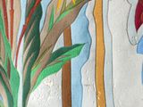a painting on the wall of a room with a vase of flowers