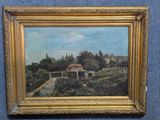 an oil painting of a bridge over a river with a building in the background
