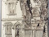 drawing of a building with a gate and a tree in front of it