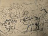 drawing of a group of animals in a field with trees in the background