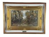une peinture à l'huile représentant une scène boisée avec des arbres au premier plan