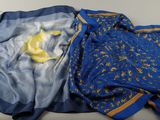two blue and yellow scarfs on a white surface