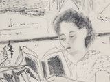 a drawing of a woman reading a book in a chair
