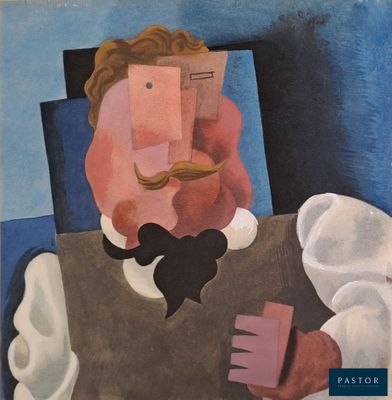 an image of a painting of a man with a moustache reading a book
