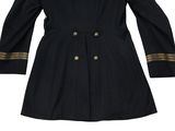 a black coat with gold trims and buttons on a white background