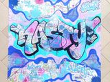 painting of graffiti on a tile floor with a blue sky and clouds in the background